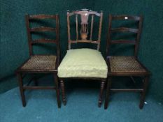 A Victorian inlaid mahogany bedroom chair and a pair of bedroom chairs