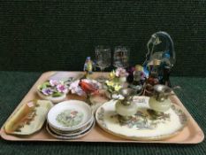 A tray of glass fish, Wedgwood Kantian Crane dish, miniatures,