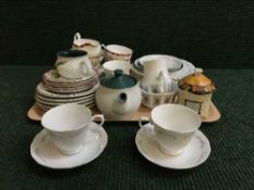A tray of part Royal Kent tea china, milk jug & sugar, cottage ware,
