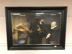 Two antique style pictures depicting figures, in black and gilt frames.