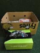 A box of Shoot Out trading cards, football programmes,