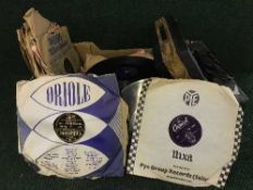 A box of Fidelity record player and 78's