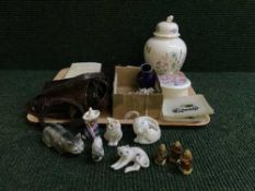 A tray of die cast, field lasses, Aynsley vase, china animal ornaments,