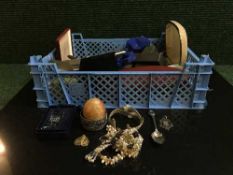 A basket of costume jewellery, silver spoon, pendant etc.