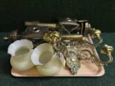 A pair of vintage carriage lamps and two way light fittings