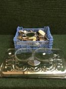 Basket of plated cutlery, dressing brush and mirror,