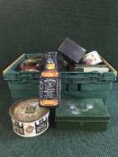 A box of assorted tins, wooden boxes, cash box etc.