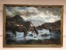 John Trickett : Moorland horses by a shallow stream, oil on canvas, 60 cm x 90 cm, signed, framed.