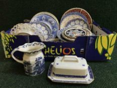 Two boxes and a crate of assorted china - Ringtons plates, Masons milk jug,