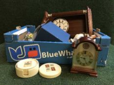 Three boxes of wall clock, mantel clock, glass ware, planter, vases,