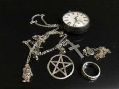 A silver pocket watch together with a collection of silver jewellery