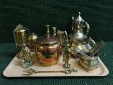 A tray of plated tea spoons, plated tea service, biscuit barrel, miner's lamp,