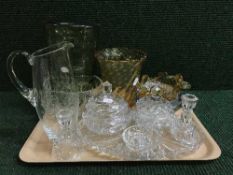 A tray of cut glass trinket set, glass ash stray,