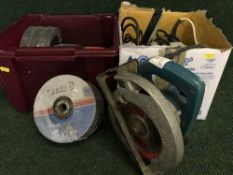 Three boxes of Makita circular saw, Makita drill, Elu router,