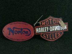 Two cast metal motorcycle plaques - Harley Davidson and Norton