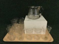 Tray of boxed pewter lidded tankard, glass jug, etched glass beaker and a box of chamber pots,