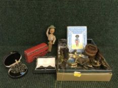 A box of die cast bus, costume jewellery, vintage wooden bottle stopper,