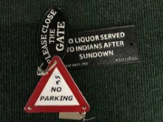 Three small cast iron plaques - No Parking, Please close the gate etc.
