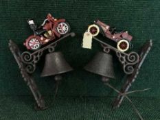 Two cast metal wall brackets with bells - Vintage racing car and motorcycle