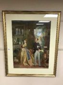 A gilt framed watercolour depicting Victoria and Albert in palace interior,