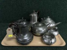 Tray of three piece Knighthood Old English pewter tea service and seven other pieces of pewter