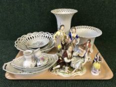 A tray of four continental figures, vases, dishes,