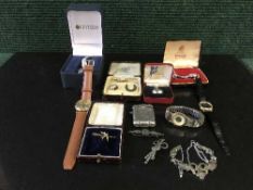 A box of silver vesta case, 9ct gold brooch, silver dress ring,