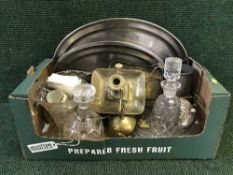 A box of Port Merion jug, pewter tankards, brass candlesticks, cut glass decanters,