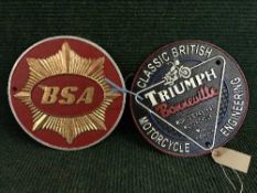 Two cast metal motorcycle plaques - Triumph and BSA