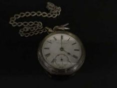 A silver cased pocket watch on chain and a pair of silver gilt earrings