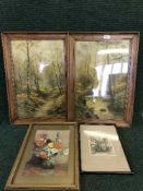 Etching of York Minster and three antiquarian prints