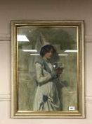 Manner of Ralph Hedley : girl in traditional dress holding a prayer book, oil on canvas,