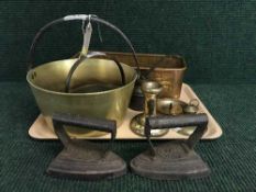 Two copper jam pans, copper trough, flat irons,