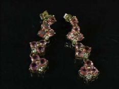 A pair of 9ct gold pink sapphire and diamond drop earrings