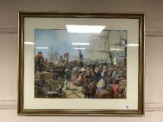 A gilt framed oil painting depicting a late 19th century American bustling harbour scene, 48.