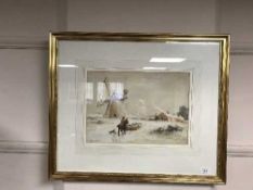 John Atkinson (1863-1924) A man on horseback herding sheep in a winter setting, watercolour, signed,
