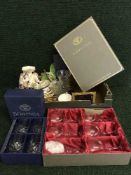 A box and crate of Bohemian crystal glasses, china, part Ridgeway Sherwood dinner service,