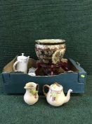 Two boxes of wall clocks, vases, lamp, oriental fish bowl planter on stand,
