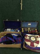 A large and comprehensive collection of Masonic regalia, including aprons, cuffs, caps, gloves,