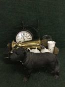 A box of copper vase, wall clock, collector's plates, a figure of lovers,