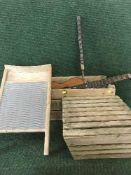 Two wooden storage boxes of copper bed warming pan, acoustic guitar,