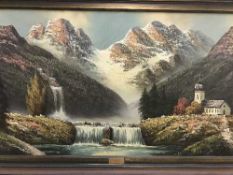 A gilt framed oil on canvas - winter waterfall by Orig E Kentsch