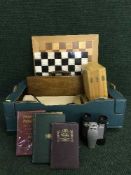 A fly fishing box of flies, two chess boards, pair of Mead binoculars,