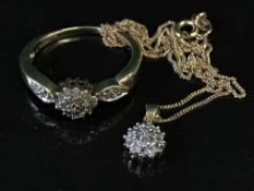 A 9ct diamond cluster ring together with a diamond pendant on chain.