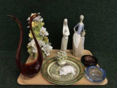 A tray of two Nao figures, decorative coloured glass vase and dishes, Adams pick wick papers plates,