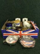 Two boxes of Ringtons ware, pair of Staffordshire dogs, piquet ware,