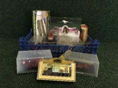Basket of die cast fire engines, model boats,