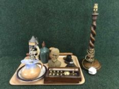 A tray of cased Sykes Hydrometer, weights, table lamp,