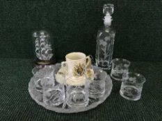 A tray of Glen Eagles crystal decanter with six glasses, Mary Rose ship in bottle,