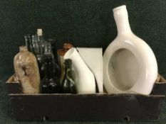 Box of vintage and glass bottles, porcelain bed pans,